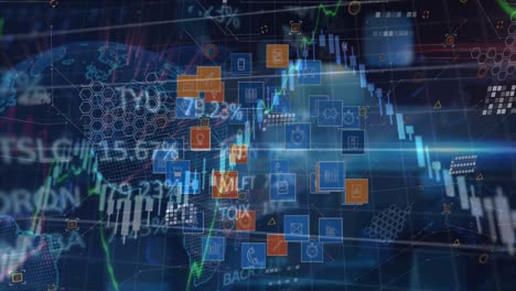 Animation-Von-Diagramm--Und-Mediensymbolen-über-Die-Datenverarbeitung-Auf-Schwarzem-Hintergrund