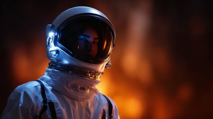 A lone astronaut stands encased in a sleek, futuristic spacesuit, illuminated by soft lighting against a backdrop of fiery orange hues, embodying exploration and wonder