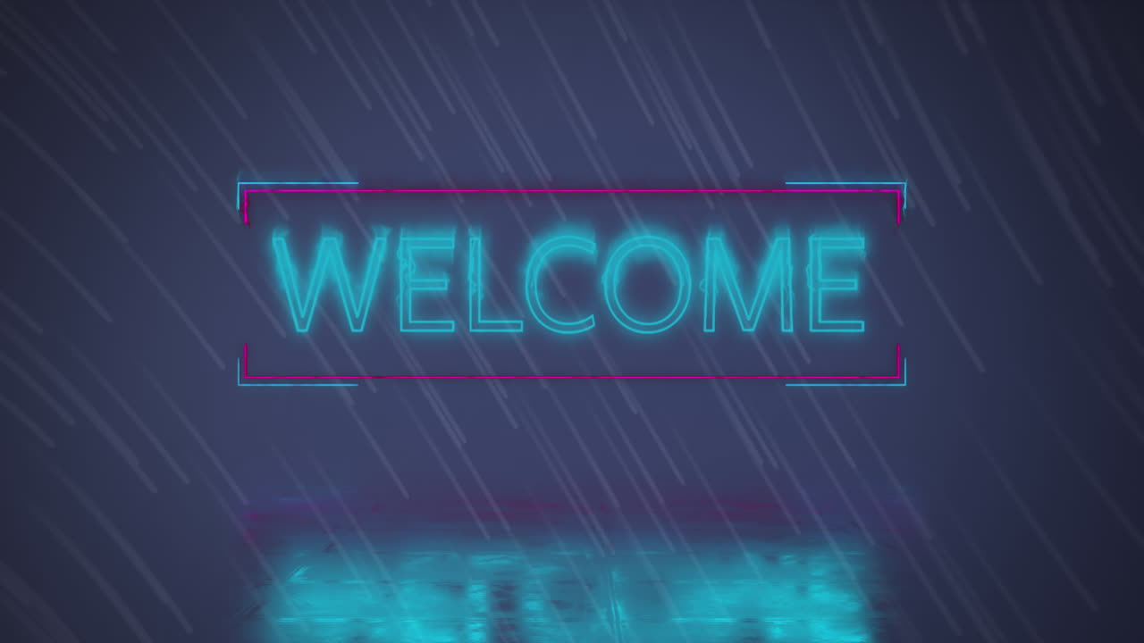 Animation of light trails over neon welcome text banner against blue background