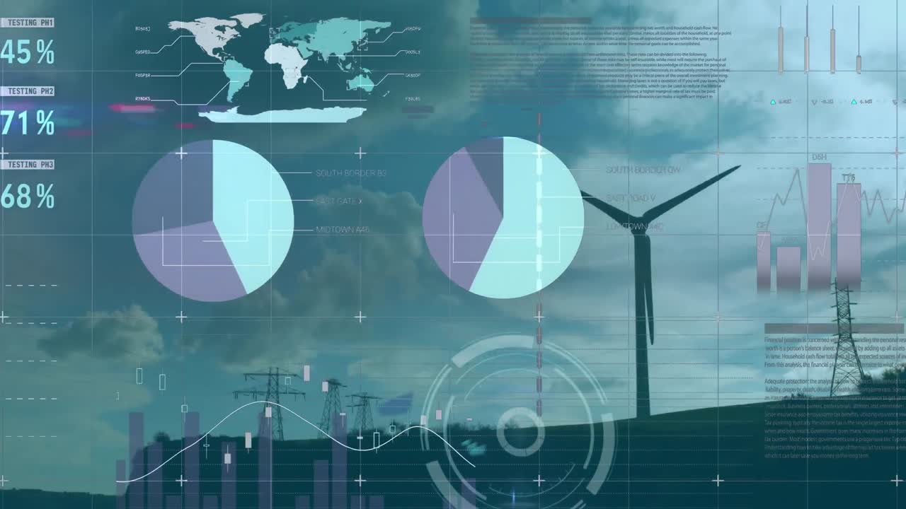 Animation of statistics and data processing over wind turbine