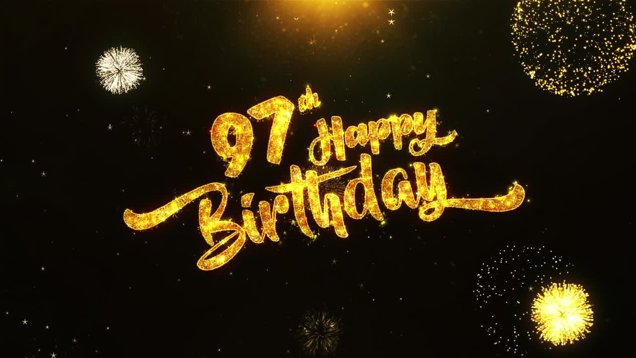 Tarjeta con felicitaciones y deseos de cumpleaños número 97 con texto hecho de partículas brillantes de fuegos artificiales dorados