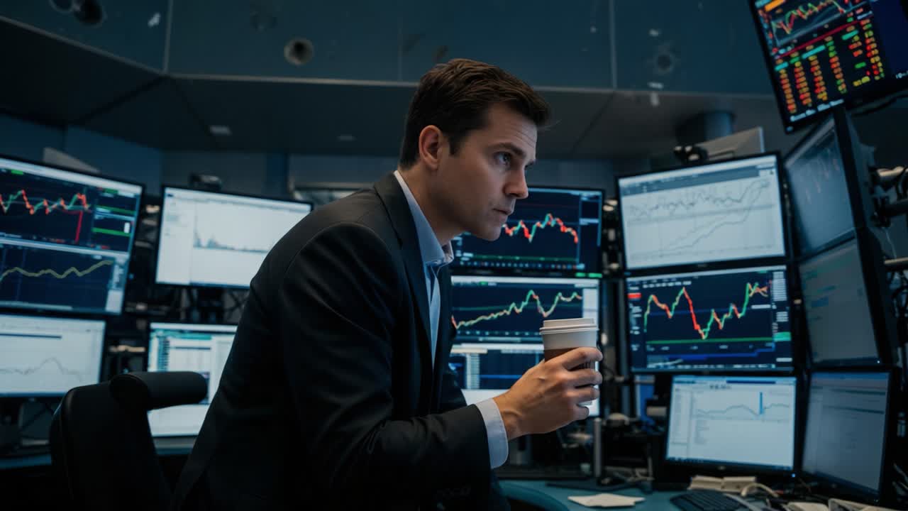 Focused Trader Analyzes Market Trends and Data While Enjoying a Coffee Break in a High-Tech Financial Office Environment