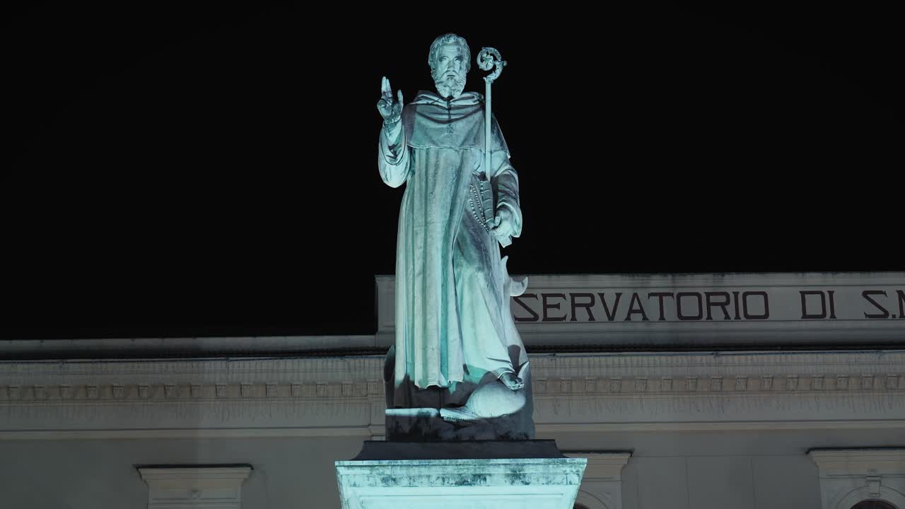 Saint Antonino Statue in Sorrento's Piazza at night, Italy