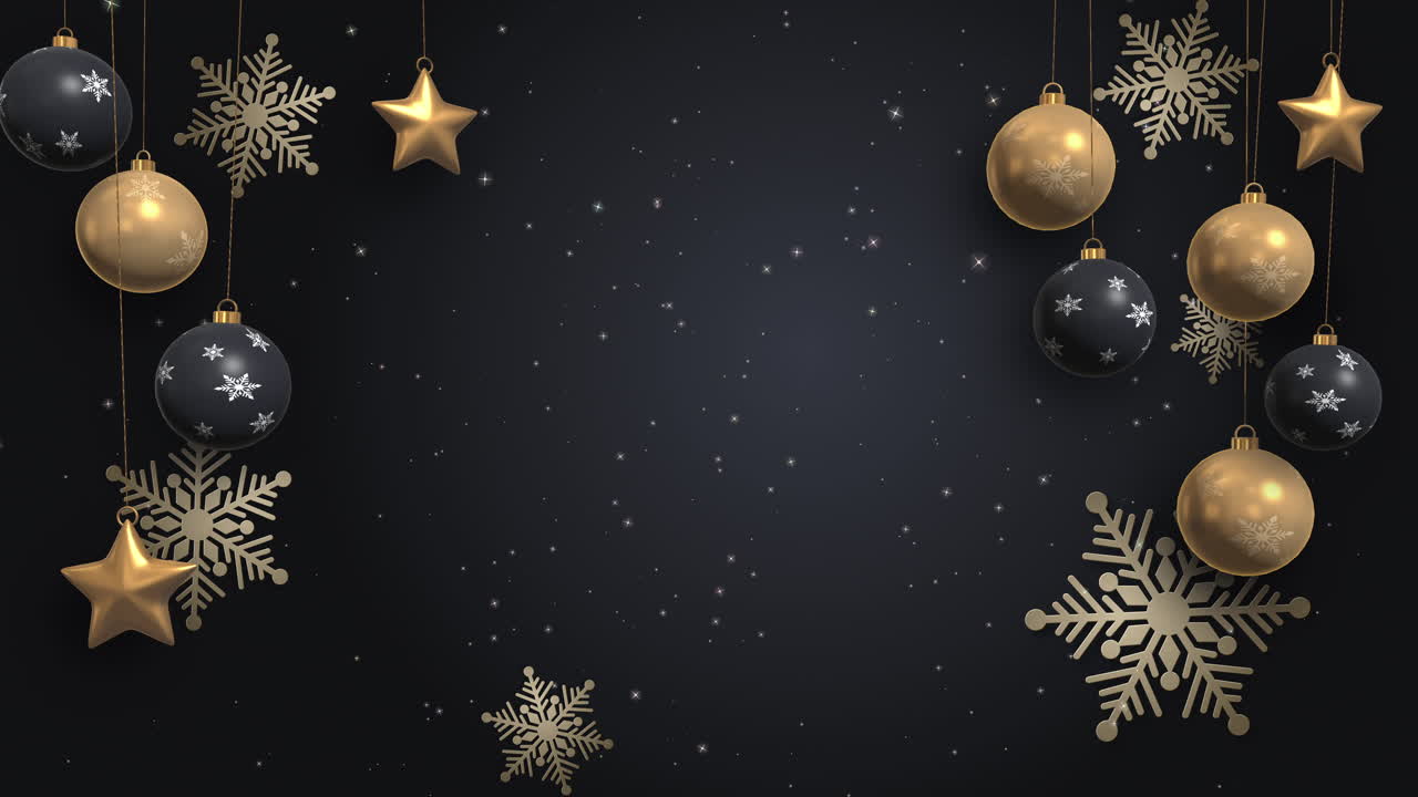 Merry Christmas and Happy New Year golden decoration black background. Animation of Christmas toys for the Christmas tree. Stars, snowflakes and balls on threads. Looped motion graphics.
