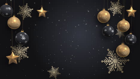 merry christmas and happy new year golden decoration black background. animation of christmas toys for the christmas tree. stars, snowflakes and balls on threads. looped motion graphics.
