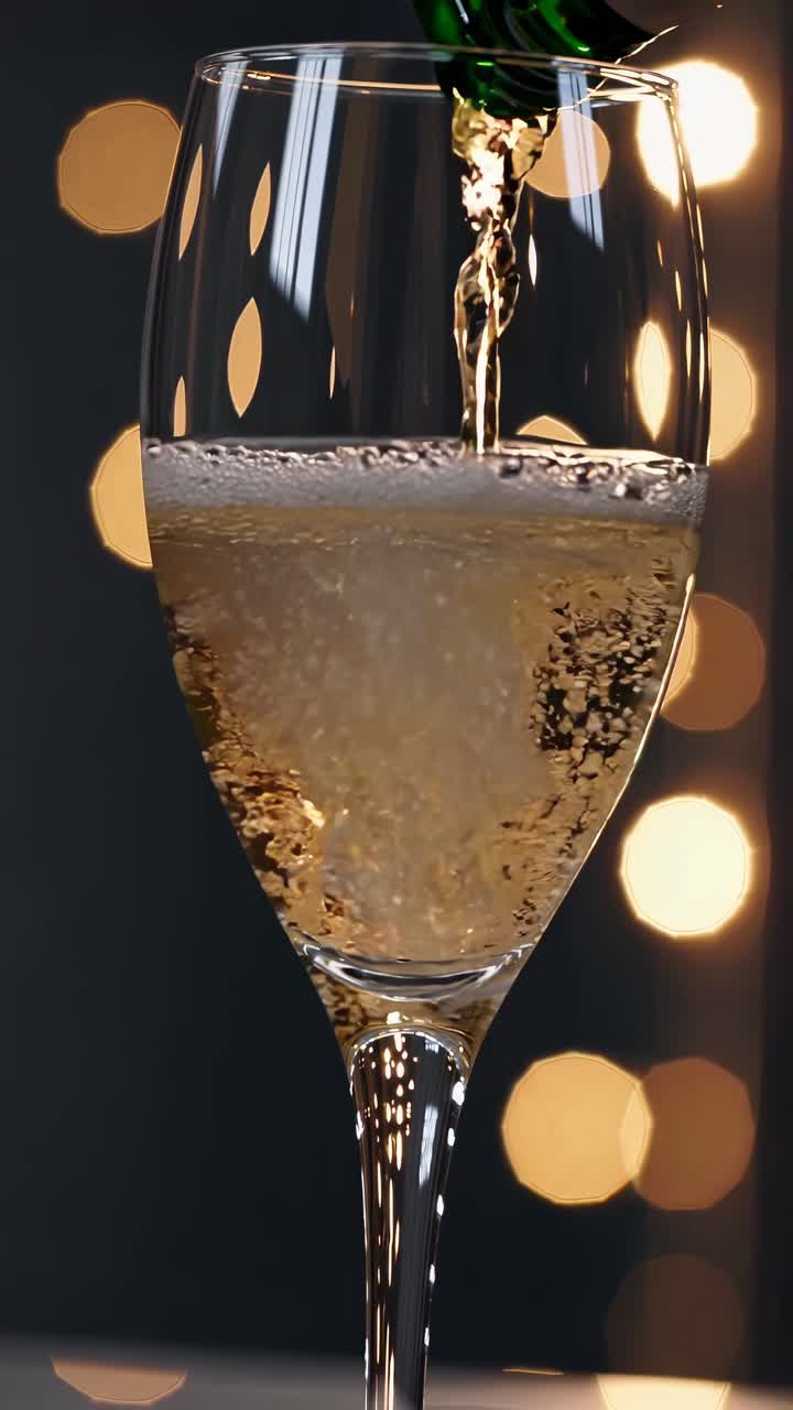 Video ravvicinato di champagne versato in un bicchiere, con luci bokeh sullo sfondo