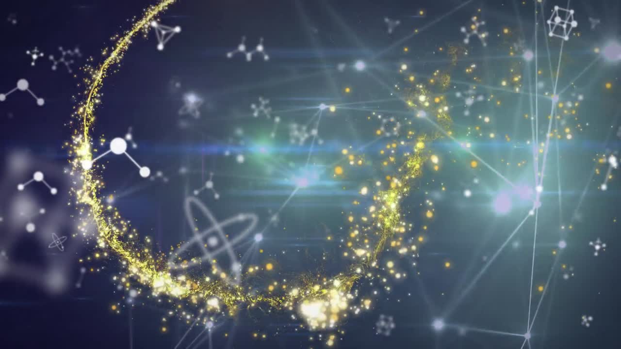 검은 바탕에 연결 및 분자의 네트워크에 대한 빛의 점의 애니메이션