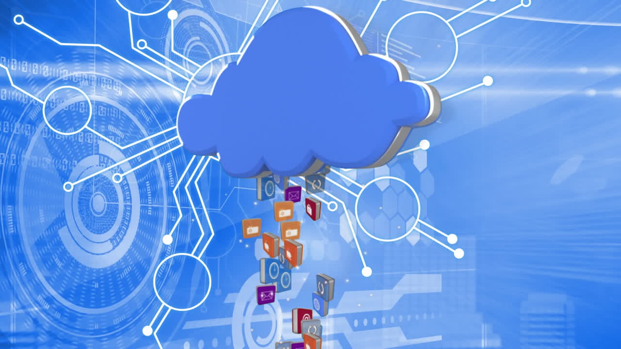Animation of blue cloud with digital icons over scopes scanning on blue background
