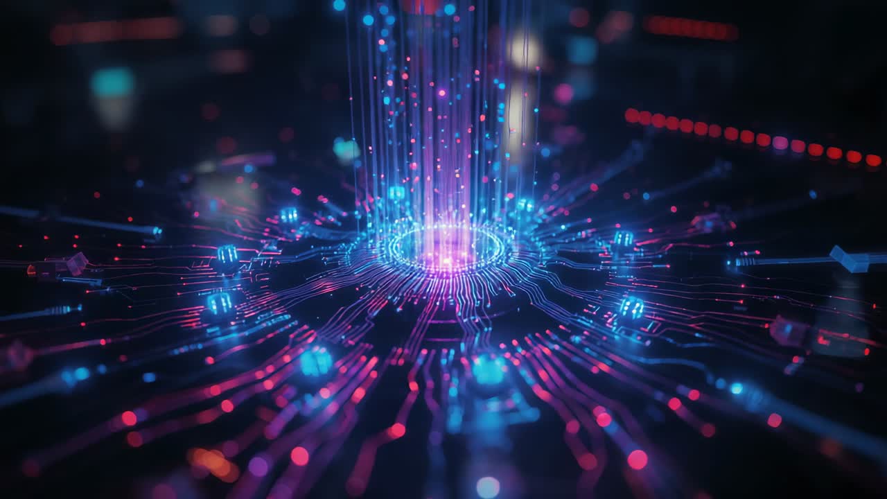 Data hub powering up on motherboard, emitting neon traces, blinking nodes and rising particles