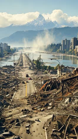urban landscape devastated by disaster with mountains in the background