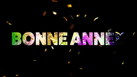 animation of bonne annee text and confetti on black background