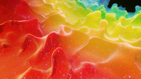 smooth abstract animation of liquid gradient rainbow color in 4k. bright matte paint surface as abstract looped festive background. glitters on viscous liquid with 3d splashes on surface like drops.