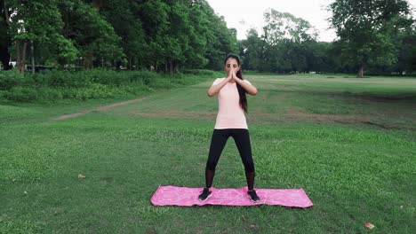 Joven-India-Meditando-De-Pie-En-La-Alfombra-Y-Namaste-De-La-Mano,-Haciendo-Ejercicio-De-Equilibrio-Haciendo-Yoga,-Sala-De-Luz-De-Ropa-Deportiva-En-Casa-Por-La-Mañana