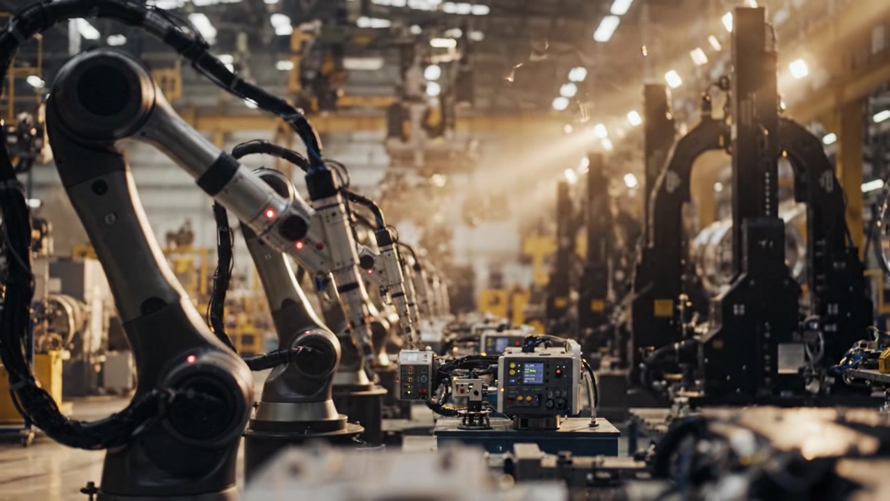 Geavanceerde robotica in geautomatiseerde productie: moderne industriële robots die de efficiëntie en precisie verbeteren in een hightech productiefaciliteit.