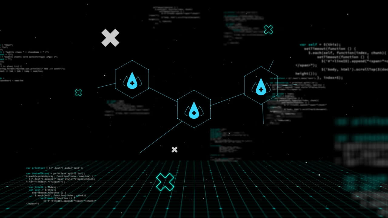 Animation of medical icons and data processing on black background