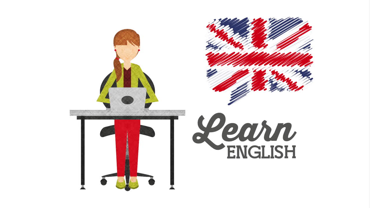 woman character with learn english animation