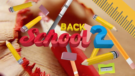 animation des back-to-school-text über schulgegenstände, icons und schreibtisch