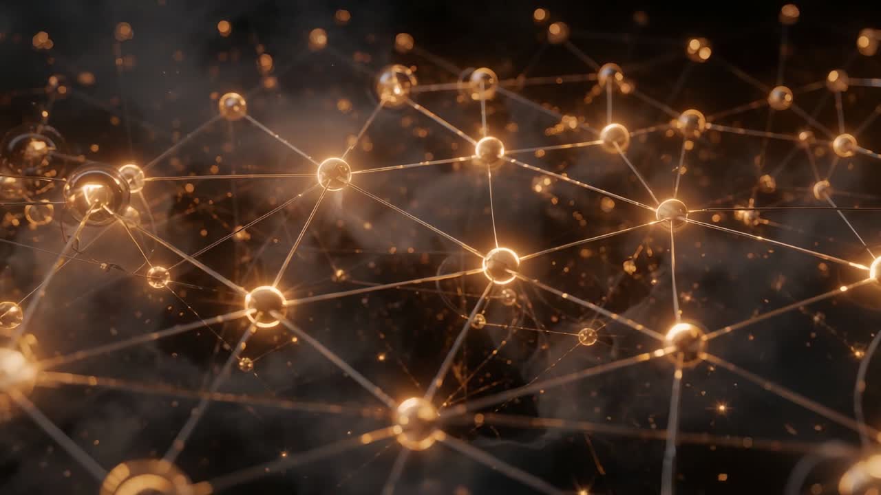 Moving camera bringing golden node lattice closer in dark void, revealing rods, rings, particles