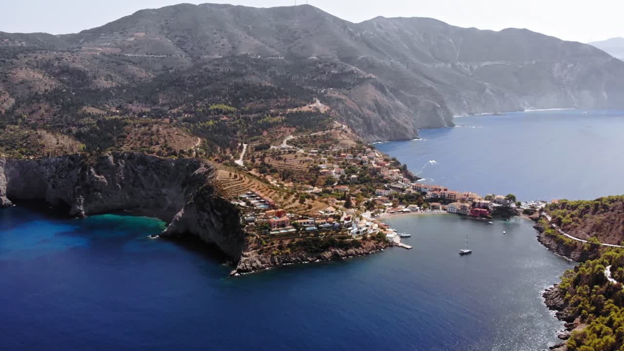 Scenic View Of The Assos Village In The West Coast Of The Island Of Kefalonia In Greece - aerial shot
