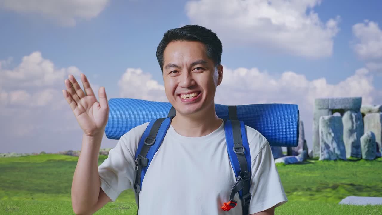 Smiling Tourist Waving at Stonehenge