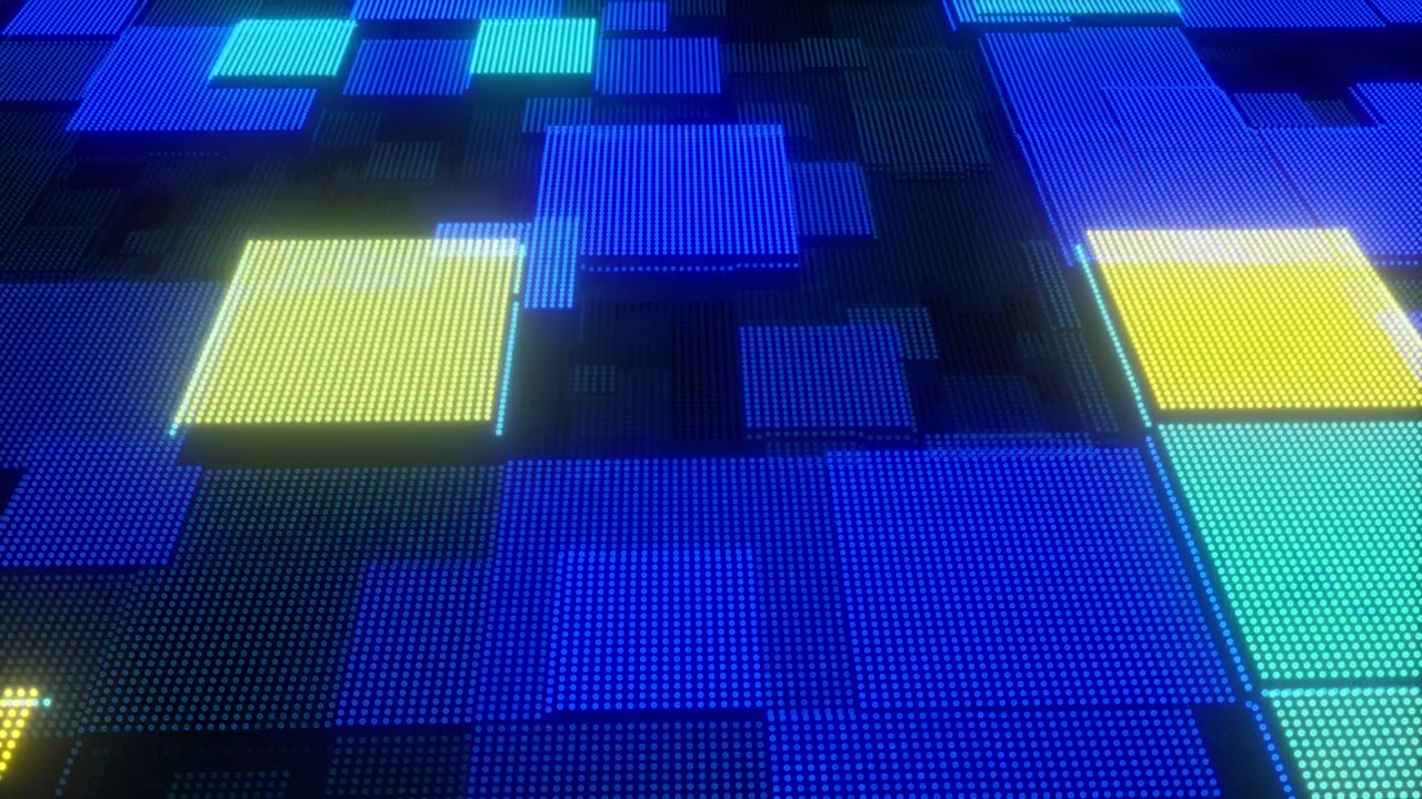 Sfondo digitale astratto con quadrati LED blu e gialli luminosi