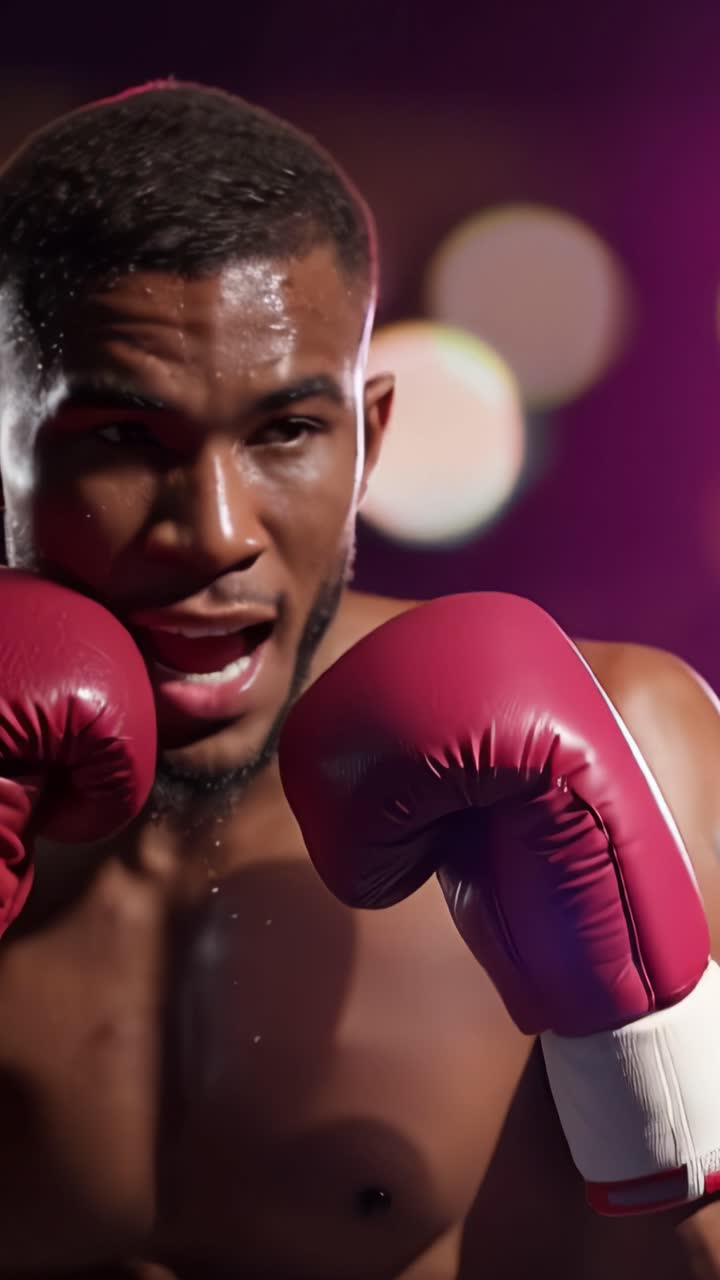 Azione Dinamica di Boxe: Un Pugile Concentrato in Movimento che Evidenzia Intensità, Abilità e Potenza di Colpo sul Ring di Boxe Catturato con Illuminazione Drammatica