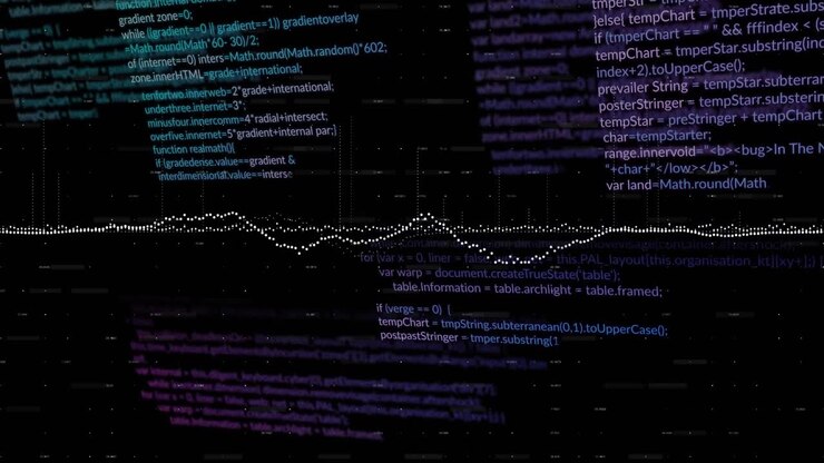 Animation of multiple graphs with changing numbers and computer language over black background