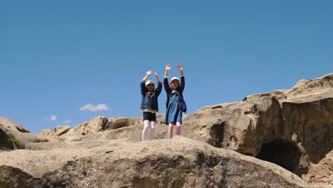 children conquered the mountain, at the top. selective focus. nature.