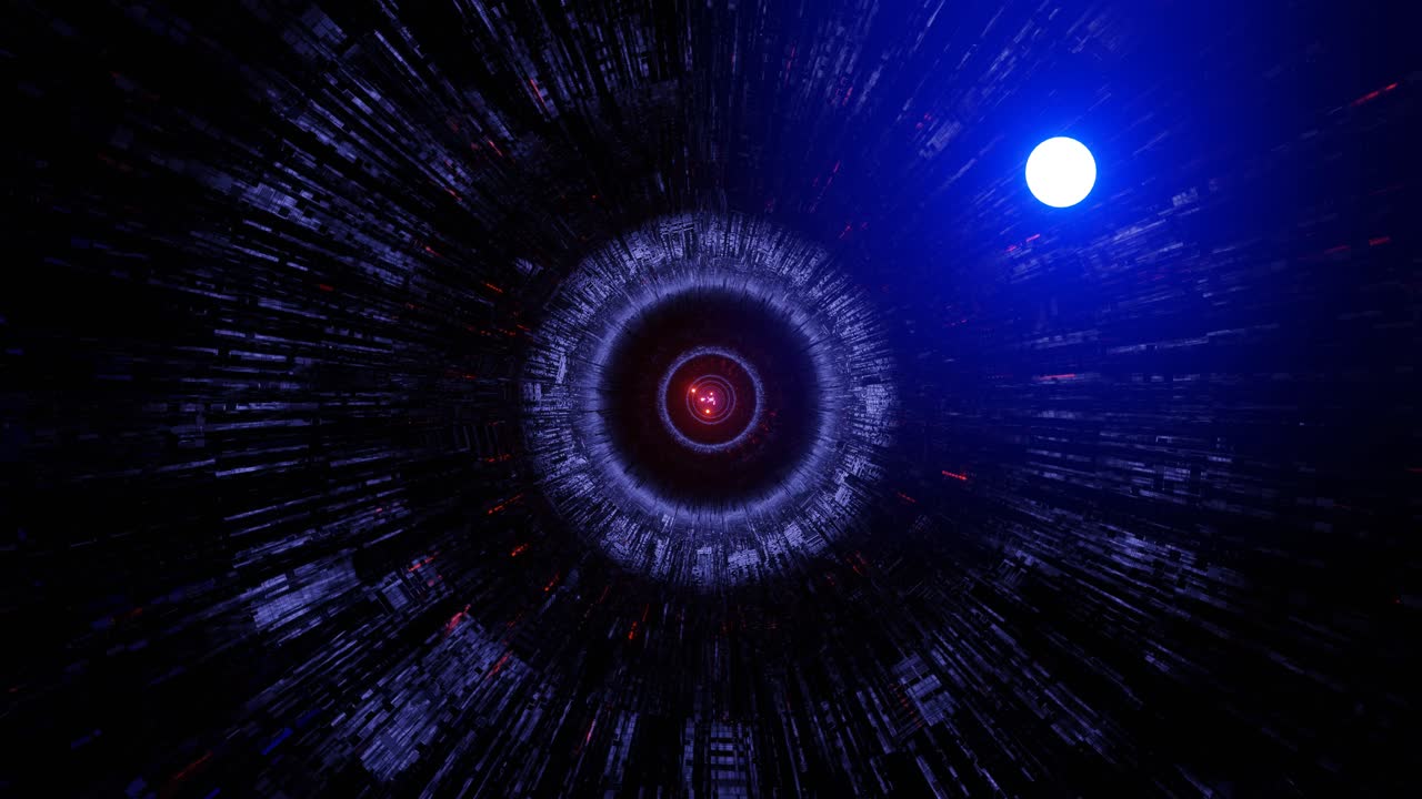 Fast moving motion graphics sci fi of spaceship traveling in dark purple outer space engaged in war with bright neon colorful fiery darts shooting forward