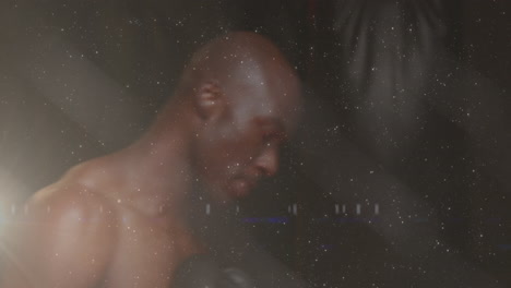 animación de un hombre biracial boxeando con una luz brillante en primer plano