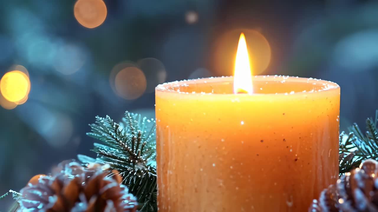 A candle is lit on a table with pine cones and snowflakes. The scene is warm and cozy, with the candle providing a soft glow that illuminates the pine cones and snowflakes
