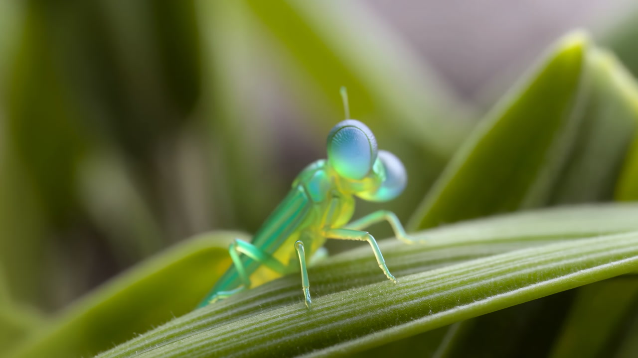 Vibrant Iridescent Jewel Insect On Leaf, Cinematic Macro Portrait Capturing Tiny Explorer Inspecting Morning