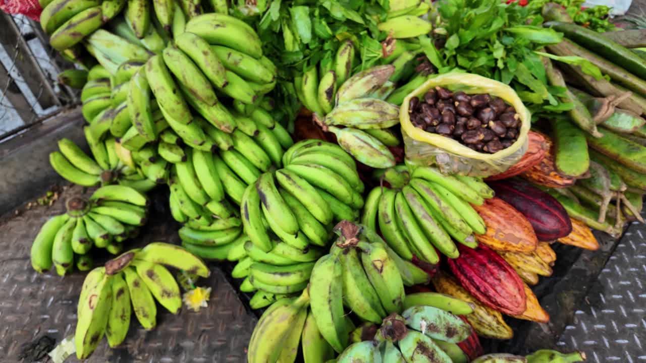Fresh Culantro, Mango, and Cacao Pods at Market Stall