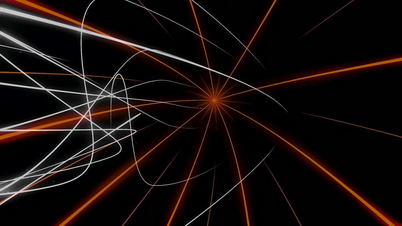 rayos naranjas abstractos que vuelan hacia los lados cerca del movimiento caótico de líneas estrechas blancas, bucle sin costuras. animación. rayos láser coloridos que vuelan sobre fondo negro