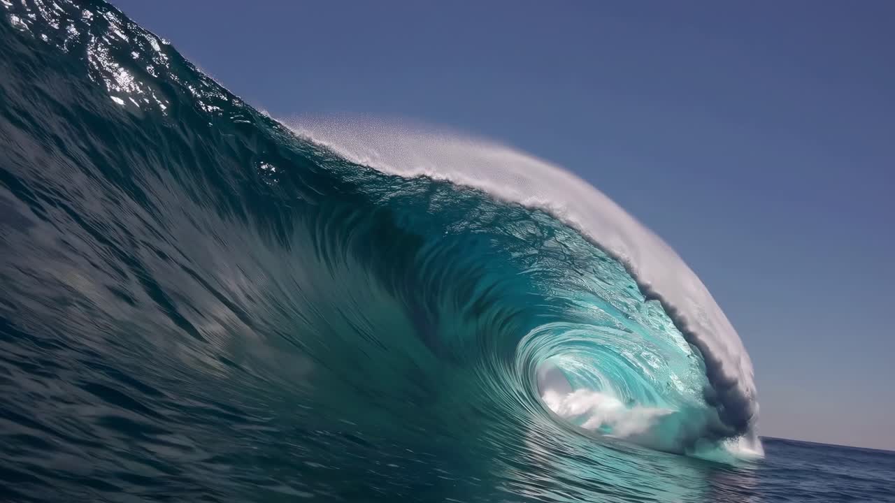 Dynamic video capture of a powerful ocean wave from a low-angle perspective, showcasing the vibrant