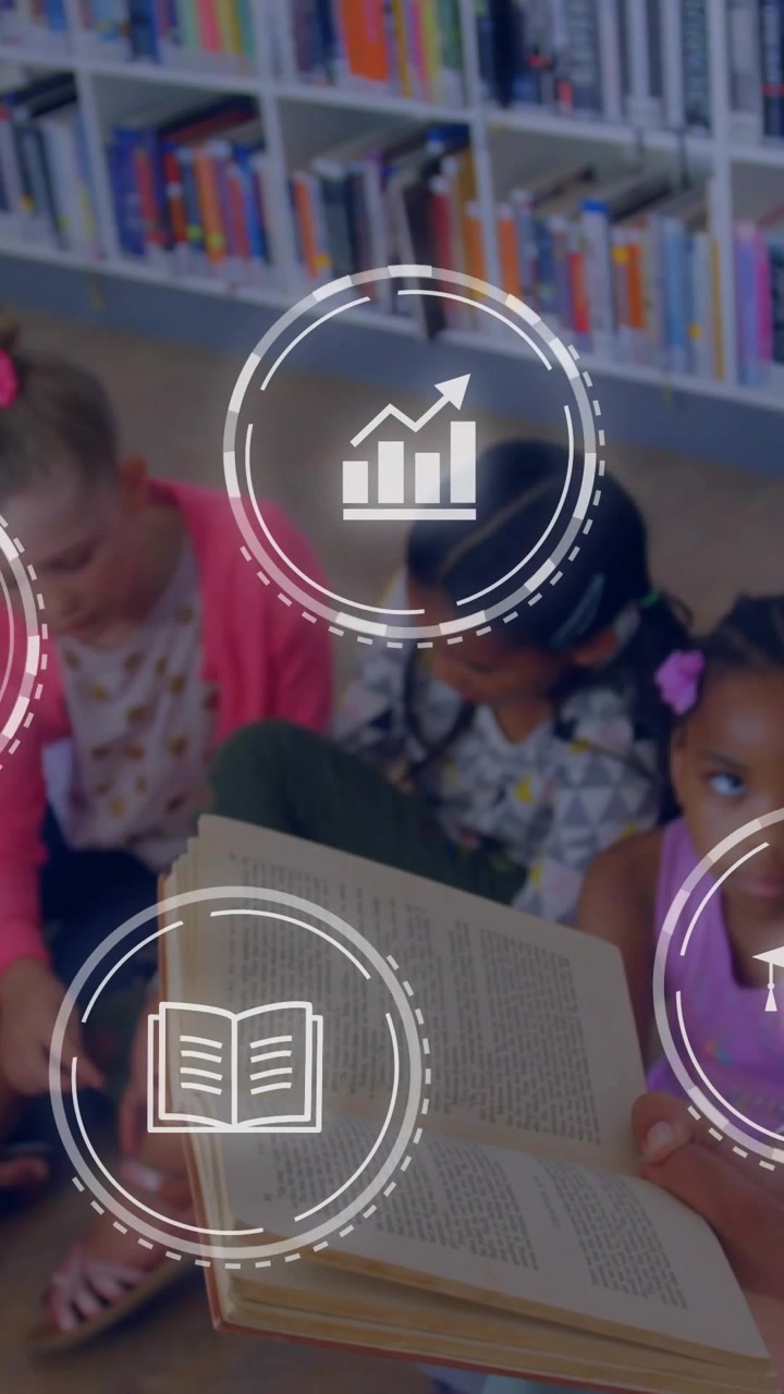 Vertical video: Adult woman holding open book camera panning learning icons floating kids listening