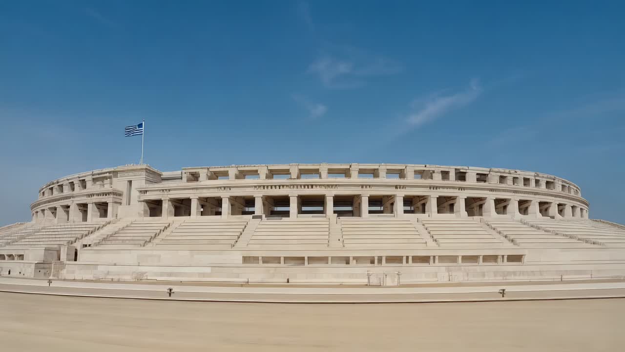 Panoramica con camera che rivela un anfiteatro curvo nell'area antistante, mostrando i dettagli e una bandiera greca che sventola