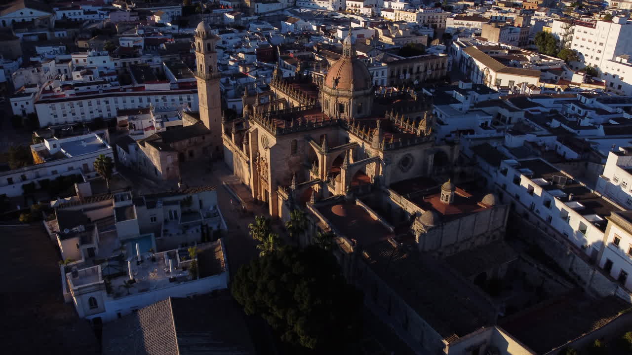 Cathedral Jerez de la Frontera, Spain, Aerial flyover during sunset