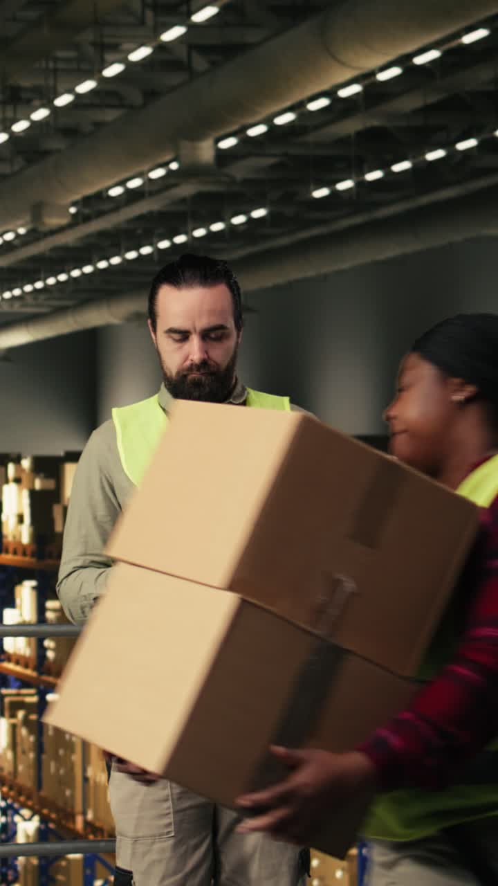 Vertical Video Male staff member working on tablet in warehouse distribution center
