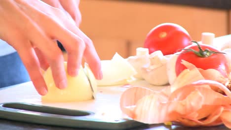 close up of a woman cutting onions