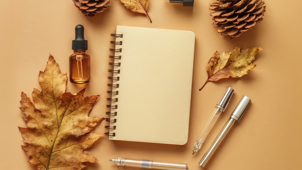 Autumnal Desk Setup with Notebook, Pens, Leaves, and Essential Oil