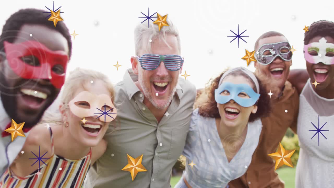 Animation of christmas star over diverse friends wearing masks at party