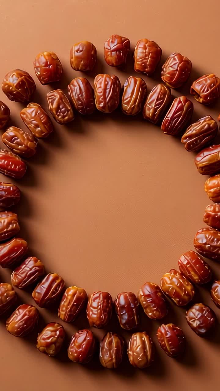 Vertical video: Zooming camera moving closer to two dried date rings on warm table, showing detail