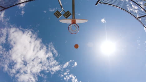 basketball game unique angle of ball being shot into hoop