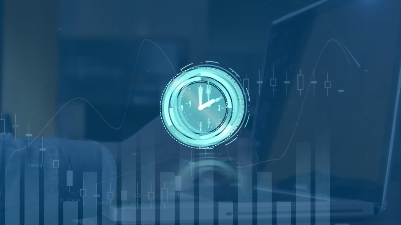 Animation of moving clock over graph and hands typing on laptop