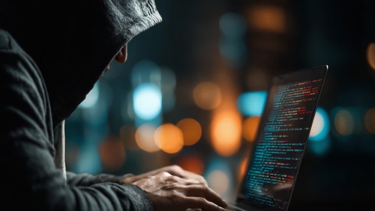 A Shadowy Figure Engaging in Intense Programming Under a Dimly Lit Urban Environment, Surrounded by Blurred City Lights and Highlighted Code on a Laptop Screen