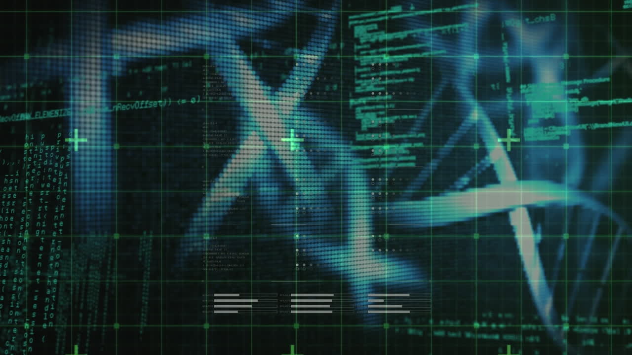 Animation of dna strand and data processing over grid on black background