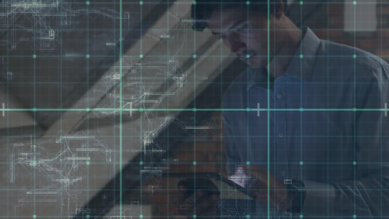 Tech designer bringing handheld tablet into view, tapping, analyzing specs with blue HUD overlay