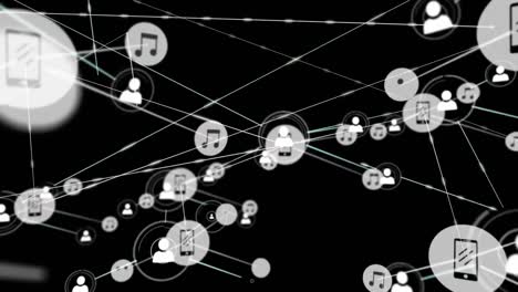 animation of networks of connections with icons over black background