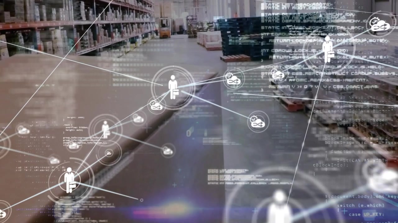 Animation of network of connections with icons and data processing over warehouse